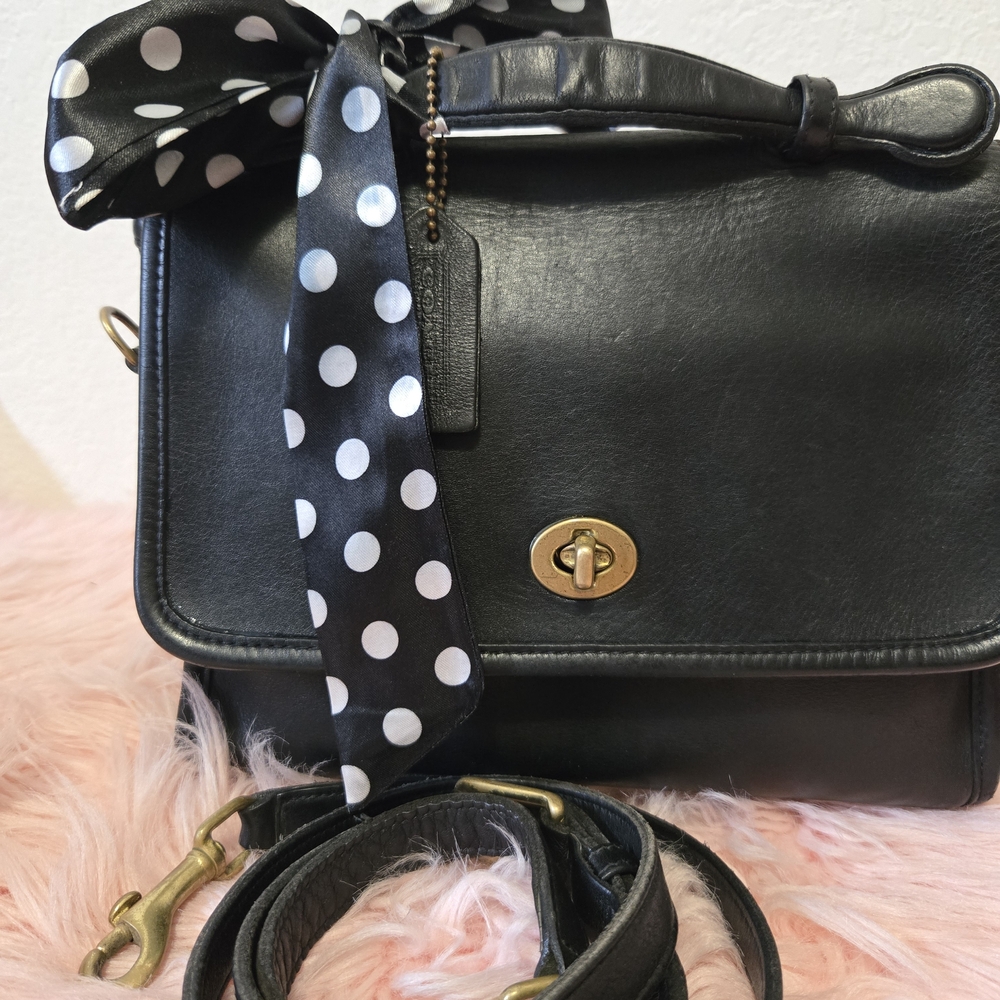 Coach Black Leather Satchel with Polka Dot Scarf